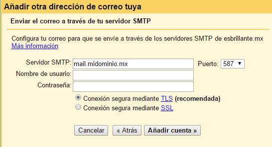 Datos de configuración de smtp con dominio propio en gmail